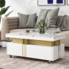 [VIDEO provided] ON-TREND Contemporary Coffee Table with Faux Marble Top, Rectangle Cocktail Table with Caster Wheels