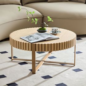 Modern Handcraft Drum Coffee Table 31.5 inch Round Coffee Table for Living Room,Small Coffee Table with Sturdy Pedestal (Material: MDF+Metal, Color: Natural Ash)
